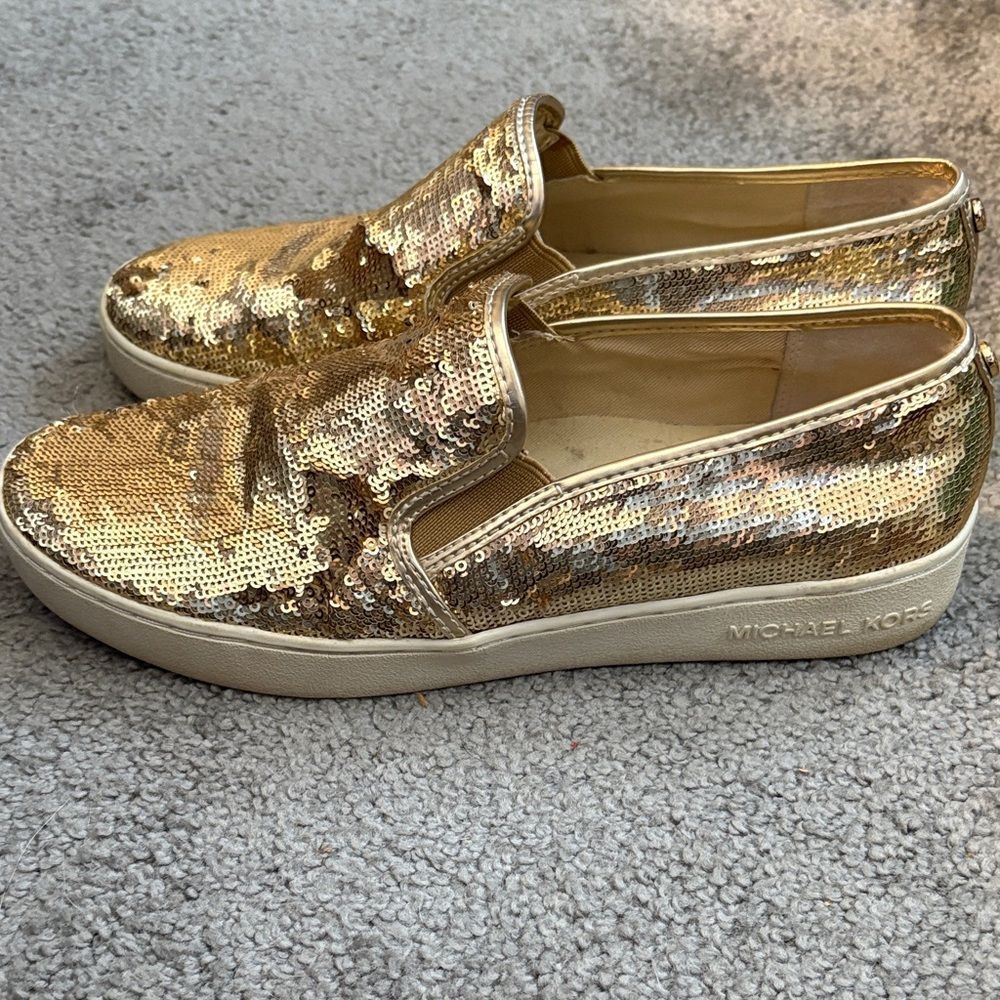 Michael Kors Gold Sequin Slip On Sneakers. Size 7.5